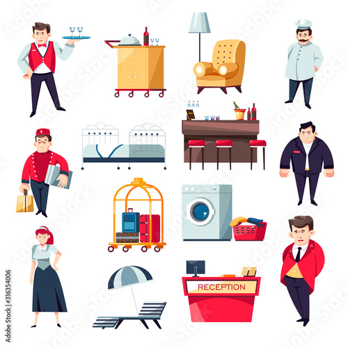 Hotel services concept and staff collection of icons