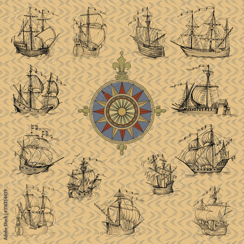 Old caravel, vintage sailboat. Hand drawn vector sketch.