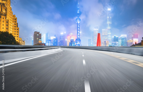 Dynamic blurry highway and city skyline in Shanghai  China