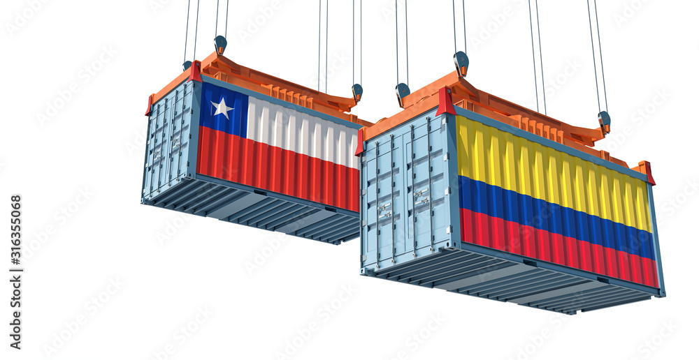 Freight container with Chile and Colombia flag - isolated on white. 3D Rendering