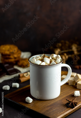 Hot chocolate with marshmallows in a white mug on a rusty background. Winter. Recipes.