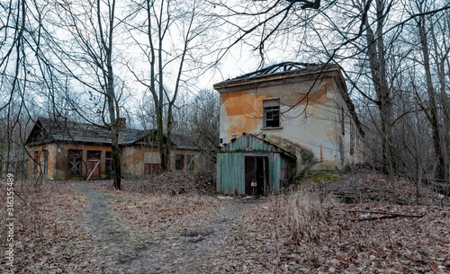 Dilapidated abandoned buildings in a city forest park © Volnnata