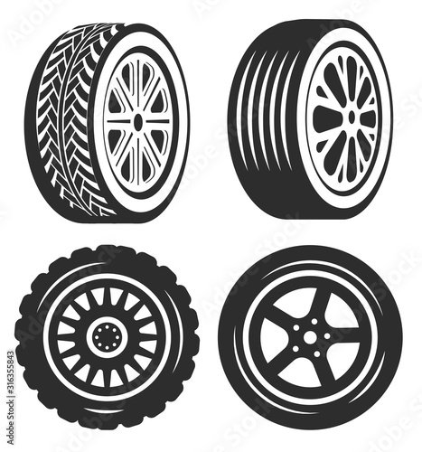 Car tire isolated icons, bike or automobile part