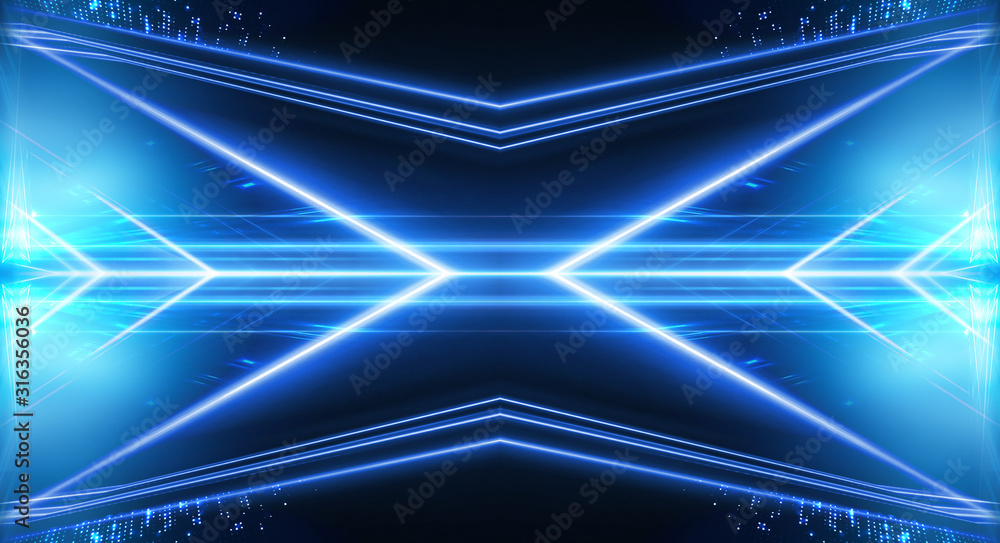 Dark empty abstract scene, rays of searchlights, neon blue light, highlights and lights. Night view of the scene, a tunnel with illumination. Dark background with spotlights. Dark empty abstract scene, rays of searchlights, neon blue light, highlights and lights. Night view of the scene, a tunnel with illumination. Dark background with spotlights.