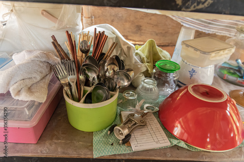 Picture of kitchen objects cutlery bowl