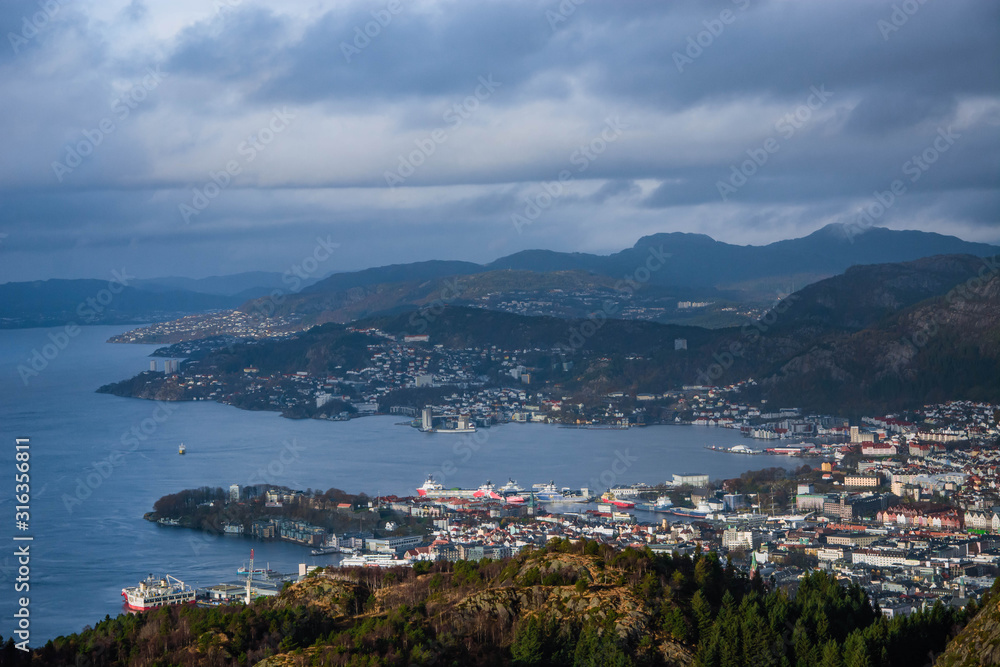 Beautiful norwegian nature.  View of Bergen and fjord. Cloudy foggy weather. Scandinavia.
