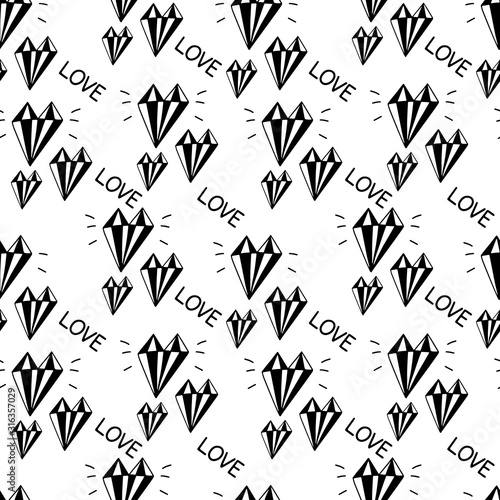 Seamless pattern with crystal heart  diamond  gemstone isolated on white background. Best for banners  wedding  Valentines day  greeting card wrapping  wallpaper  congratulations  invitation