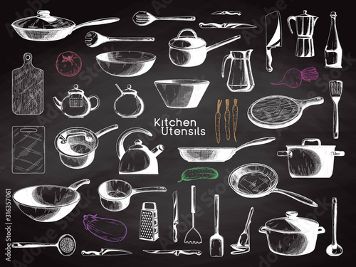 Sketch of tableware. Big set of dishes.