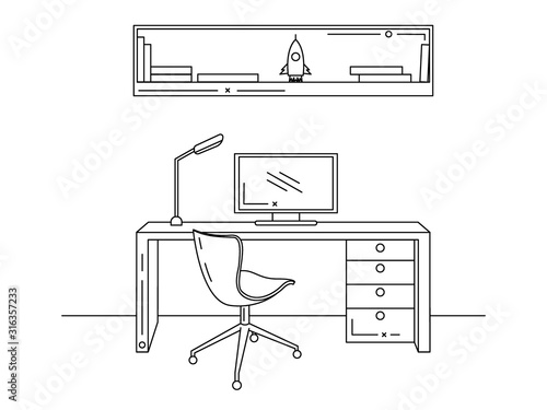 Office in a linear style. Workplace with a computer. Vector