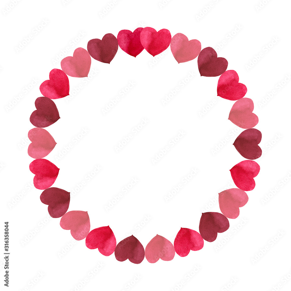 Obraz premium Round frame of simple red hues hearts. Romantic decoration. Symbol of Valentine's Day. Watercolor hand painted elements isolated on white background.