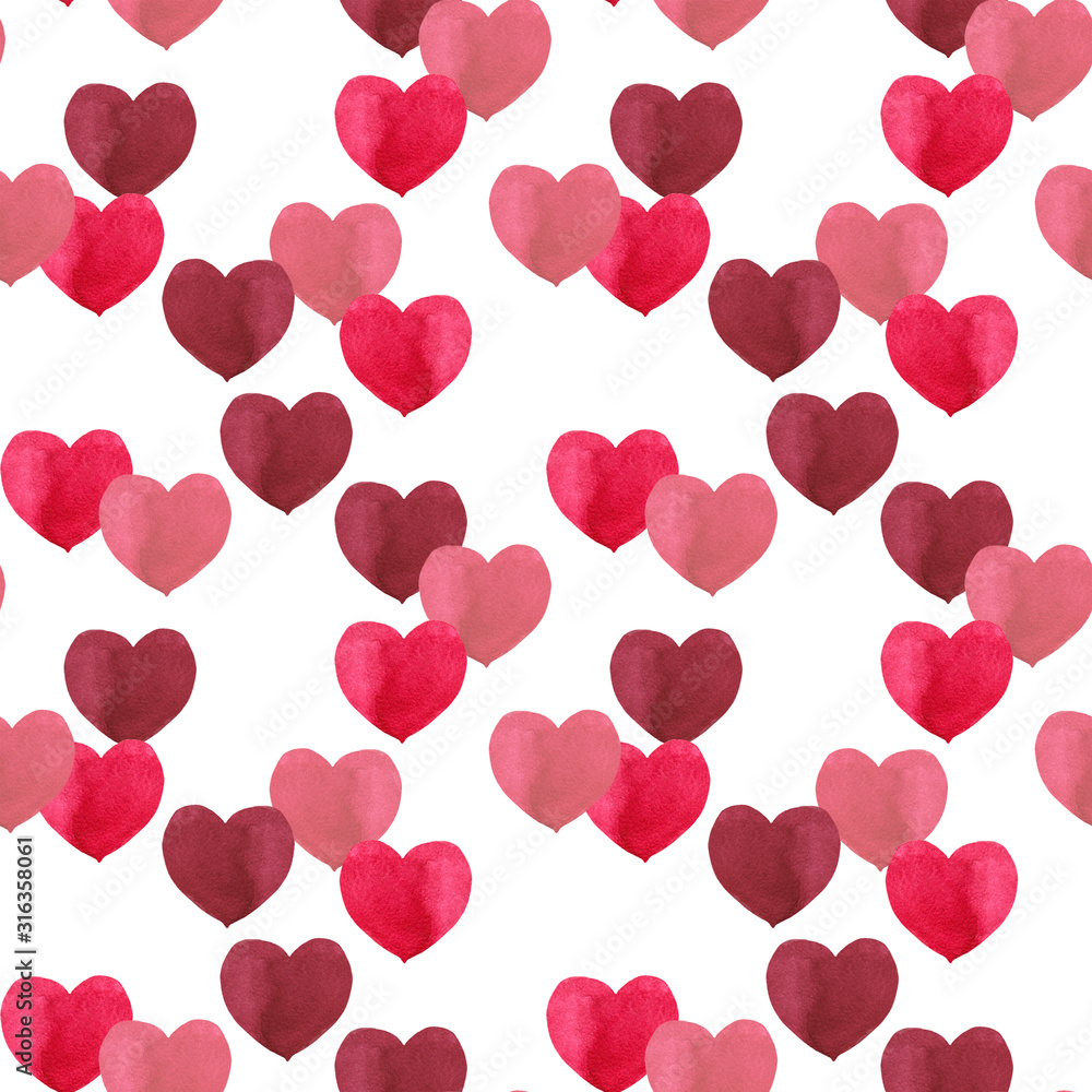 Seamless pattern of simple red hues hearts in chaotic order. Romantic decoration. Symbol of Valentine's festive. Watercolor hand painted elements isolated on white background.