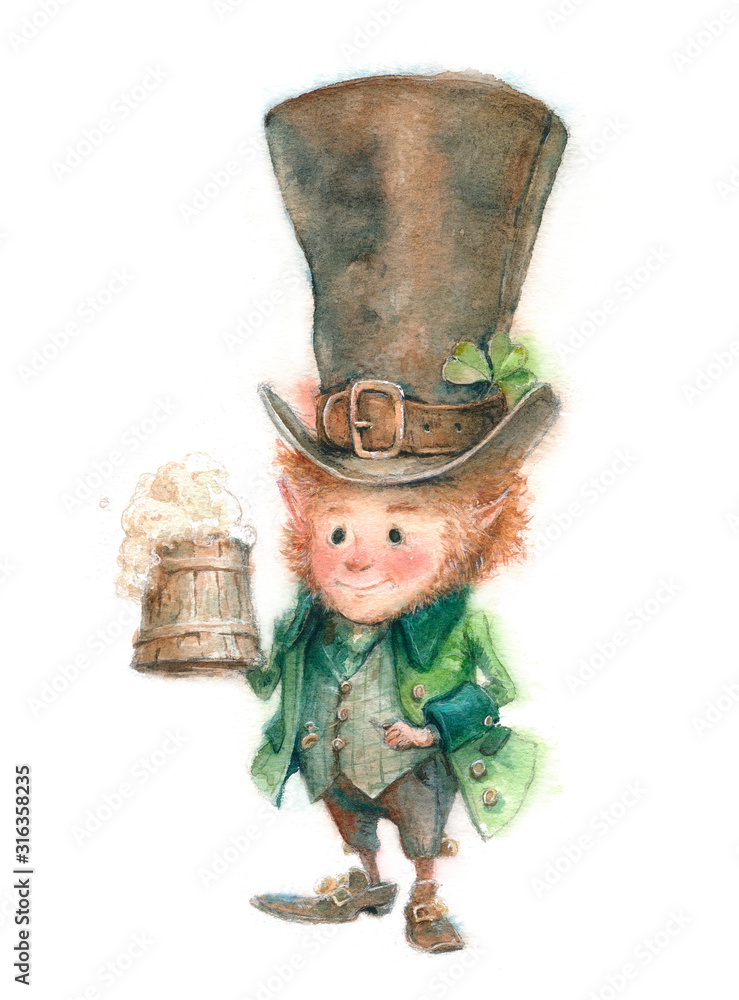 Naklejka premium Watercolor illustration of leprechaun in a big hat, St. Patrick's day