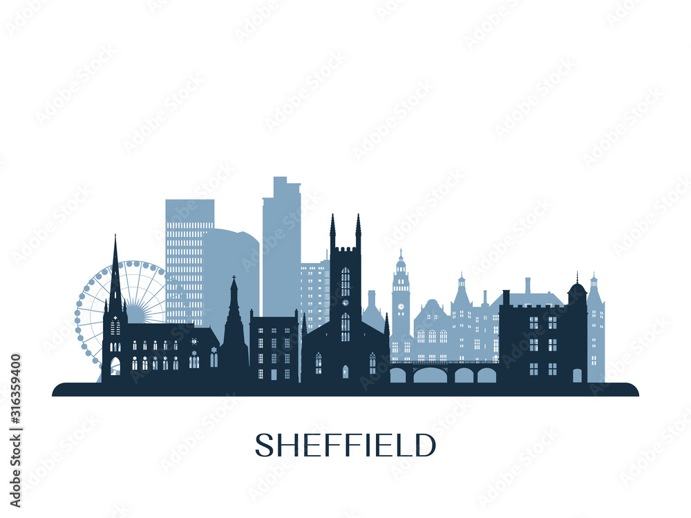 Sheffield skyline, monochrome silhouette. Vector illustration.