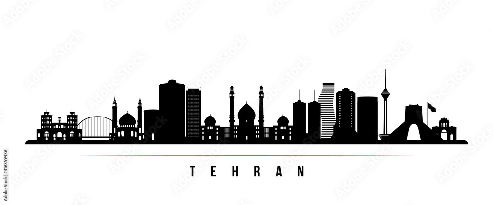 Naklejka premium Tehran skyline horizontal banner. Black and white silhouette of Tehran, Iran. Vector template for your design.