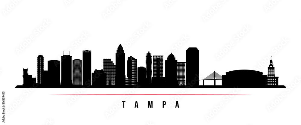 Tampa skyline horizontal banner. Black and white silhouette of Tampa, Florida. Vector template for your design.