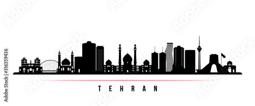 Tehran skyline horizontal banner. Black and white silhouette of Tehran, Iran. Vector template for your design.
