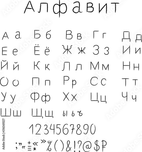 Russian graphic alphabet, uppercase and law case , symbols, numbers. Isolated character on white background . Concept for print, logo, menu , cards 