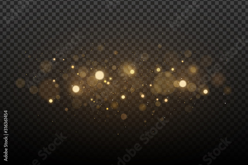 Abstract magical stylish light effect with golden glares bokeh on a transparent background. Christmas glow. Glowing flying dust. Vector illustration