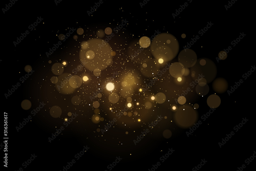 Abstract magical light effect with golden glares bokeh on a black background. Christmas lights. Glowing flying dust. Vector illustration - obrazy, fototapety, plakaty 