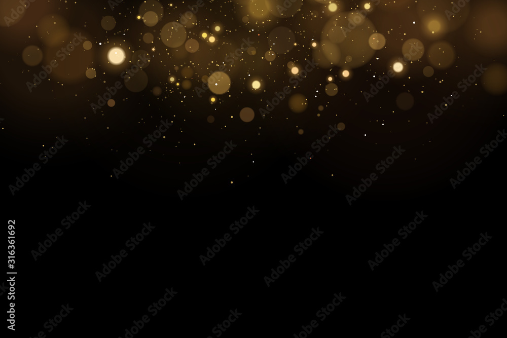 Abstract magical flying lights with golden glares bokeh on a black background. Christmas light effect. Vector illustration
