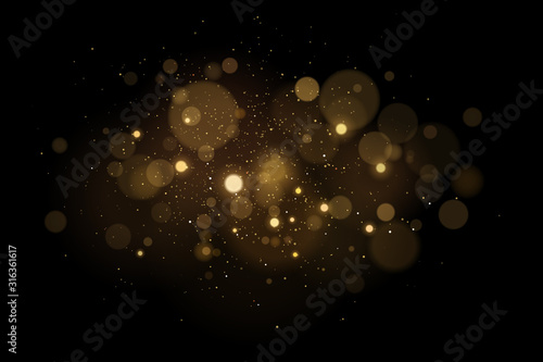 Abstract magical light effect with golden glares bokeh on a black background. Christmas lights. Glowing flying dust. Vector illustration photo