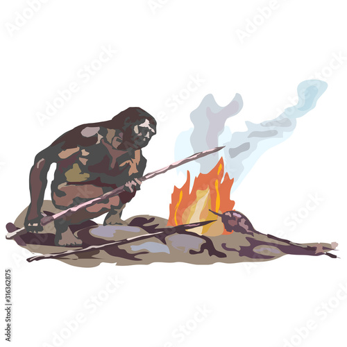 Neanderthals, cavemen, sitting on stones by the, smoking fire, holding spears in their hands.