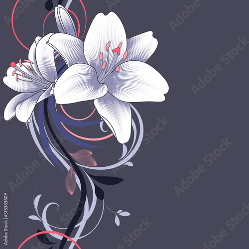 Abstract gentle floral seamless pattern with lily flowers and bright leaves. Vector element for the design of wallpaper for walls, packaging.