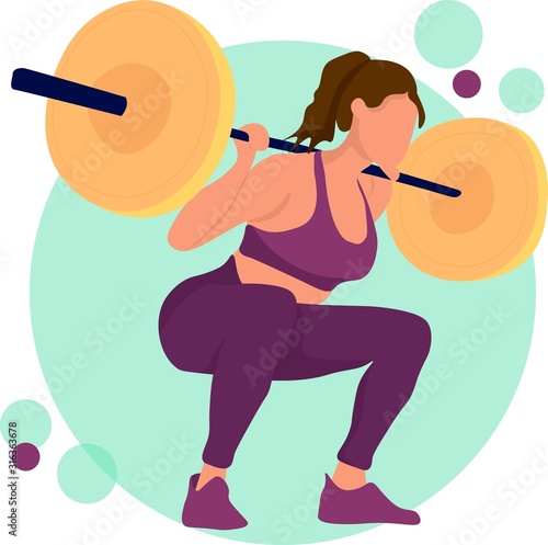 Young girl gym exercise sport athletet vector illustration. Training performance gym . Championship workout beautiful character. Women with barbell, flat vector .