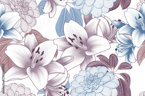 Colorful floral seamless pattern with lily and dahlia flowers. Vector flower elements for wallpaper design, wall decoration, greeting cards, posters, wedding invitations.