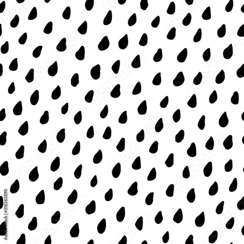 Hand drawn raindrops. Cartoon rain drops. Seamless pattern falling drops. Background for design. Repeating drawings rain. Doodle irregular raindrop. Brush abstract texture. Grunge scribble background 