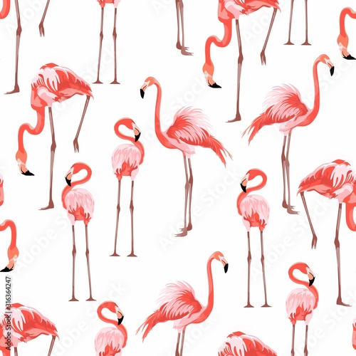 Pink flamingo, graphic palm leaves, white background. Floral seamless pattern. Tropical illustration. Exotic plants, birds. Summer beach design. Paradise nature. © Iuliia