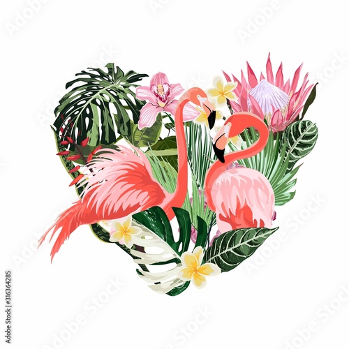 Exotic pink flamingo birds couple with leaves and flowers. Beal to beak. Heart shape. Mating season. Detailed design illustration. Valentine.