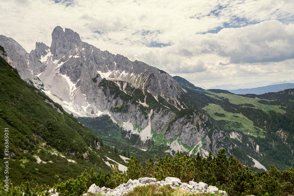 Grosse Bischofsmutze mountain in Alps, Gosau, Gmunden district, Upper Austria federal state, sunny summer day, exploration wanderlust concept