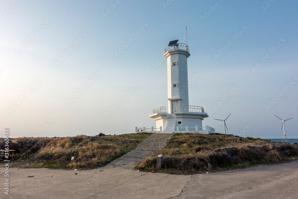 Shinchang Wind Farm Lighthouse in Jeju island