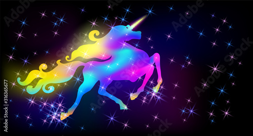 Galloping iridescent unicorn with luxurious winding mane prancing against the background of the fantasy universe with sparkling stars
