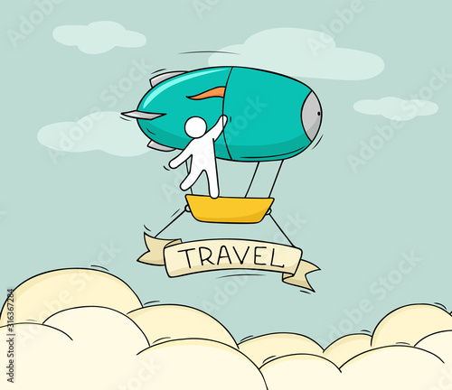 Sketch of little people fly on aerostat.