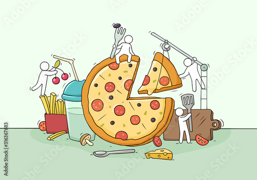 Cartoon little people cooking pizza
