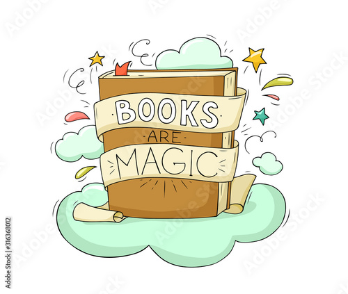 Open Book with set of vector fairy tale elements, icons and illustrations, book event, festival poster, cover template design