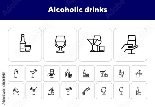 Alcoholic drinks icon. Set of line icons on white background. Martini, toast, whiskey. Beverage concept. Vector illustration can be used for topics like wine menu, bar, drinks