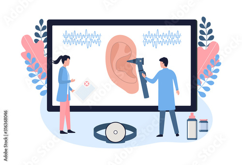 Otolaryngologist doctor with otoscope concept. Hearing tests in the clinic, listening, treatment of ear diseases, prevention. Inspection tool, ear mirror. Flat vector illustration on white background.