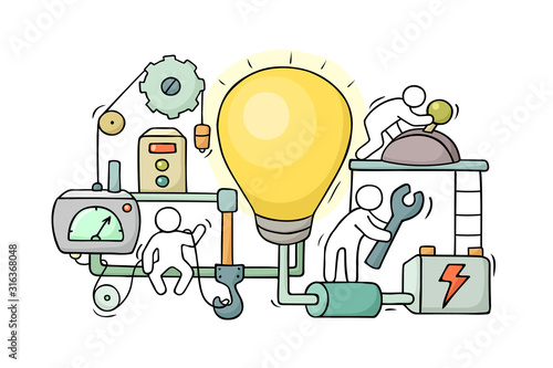 Cartoon little people with lamp idea..