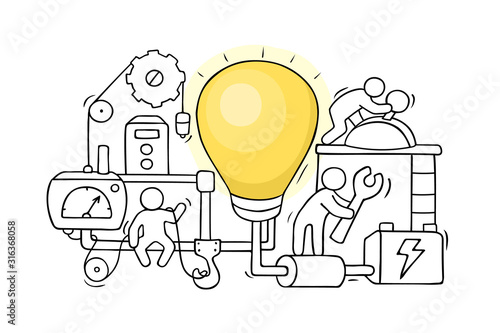 Cartoon little people with lamp idea..