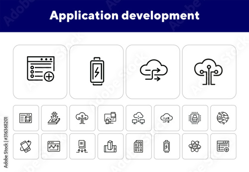 Application development line icon set. Battery charging, binary code, cloud networking. Information technology concept. Can be used for topics like programming, mobile apps, artificial intelligence