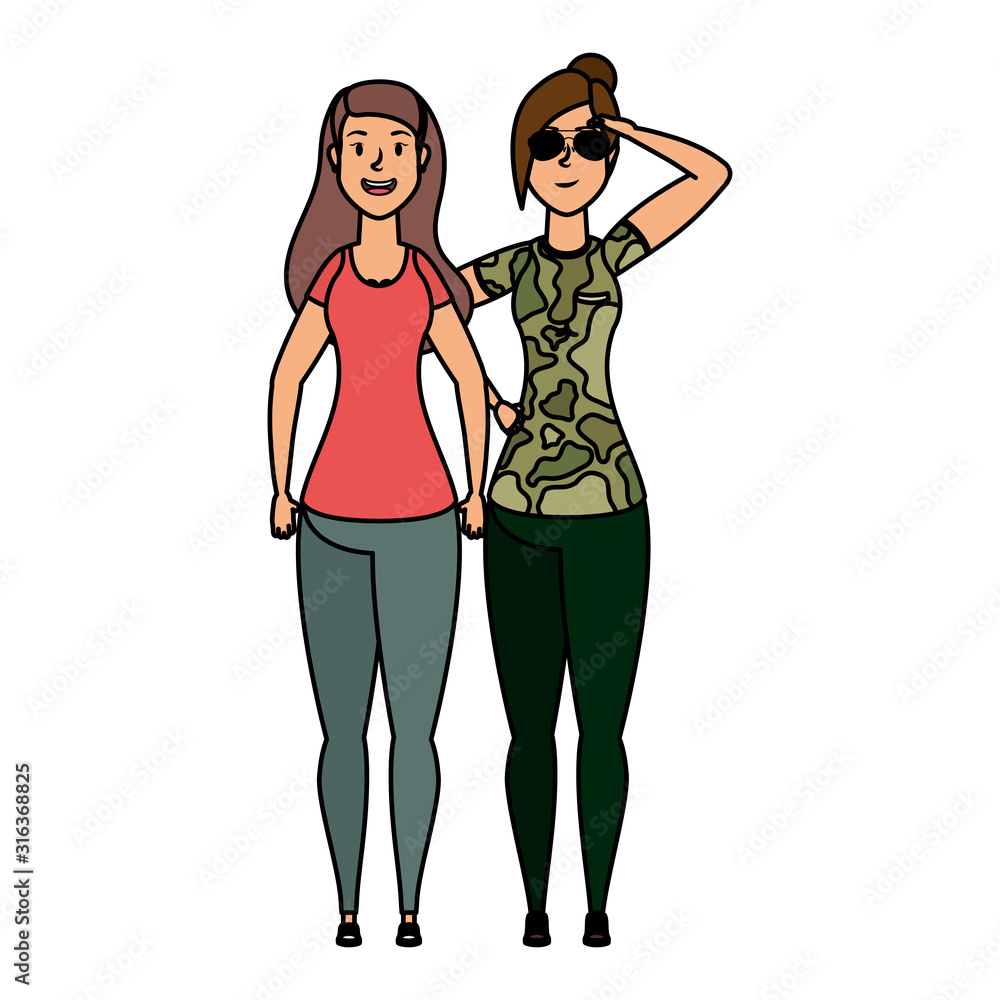 young woman with military clothes and girl characters young woman with military clothes and girl characters