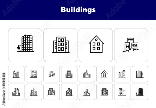 Buildings line icon set. Office, house, block of flats. City concept. Can be used for topics like residential accommodation, real estate, property