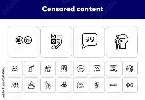 Censored content line icon set. Stamp, adult content, man throwing paper. Control concept. Can be used for topics like safety, censorship, parental control, virus