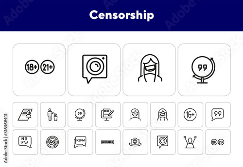 Censorship line icon set. Set of line icons on white background. TV requirement concept. Camera, antenna, stamp. Vector illustration can be used for topics like cinema, TV, radio, social media