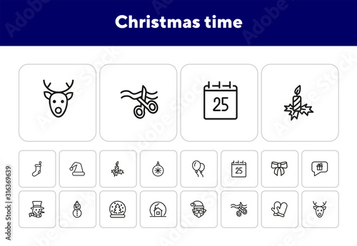 Christmas time line icon set. Set of line icons on white background. Festive concept. Snowman, Santa Claus, calendar. Vector illustration can be used for topics like Christmas, new year, decoration