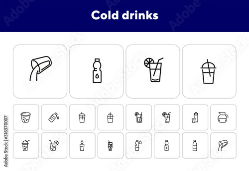 Cold drinks line icon set. Lemonade, cocktail, bottle, straw. Drink concept. Can be used for topics like summer, bar menu, cafe