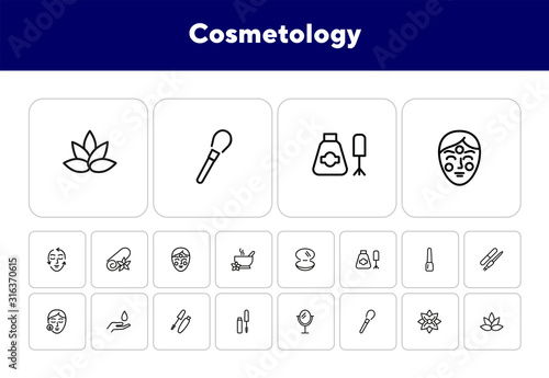 Cosmetology line icon set. Mascara, nail polish, face, lotus flower. Beautician concept. Can be used for topics like beauty salon, beauty care, makeup